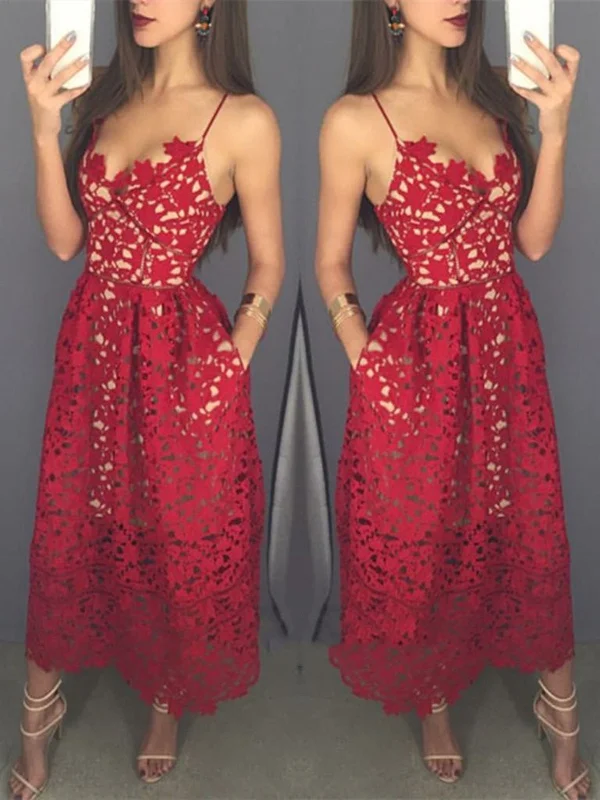 Act Now Unique Sweetheart Neck Tea Length Red Lace Prom Dress with Spaghetti Straps, Red Lace Formal Dresses, Graduation Dresses Act Now Unique Sweetheart Neck Tea Length Red Lace Prom Dress with Spaghetti Straps, Red Lace Formal Dresses, Graduation Dresses