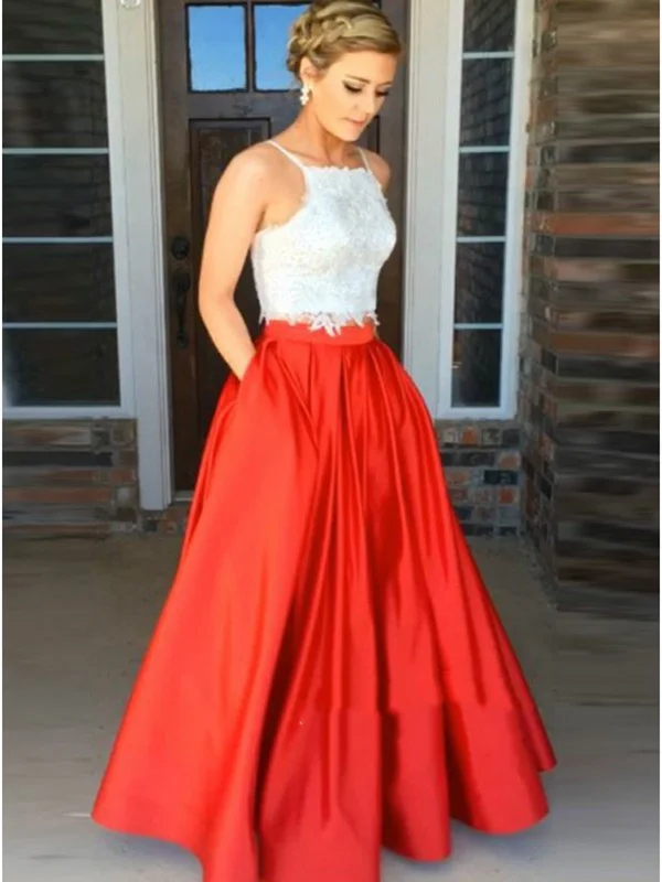 Fantastic Deals Two Pieces White Lace Red Prom Dress, Red Formal Dress, Lace Evening Dress