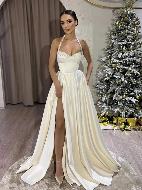 relaxed fit dressrelaxed fit dressA Line Sequins Top White Satin Long Prom Dresses with High Slit, Long White Formal Graduation Evening Dresses SP2892