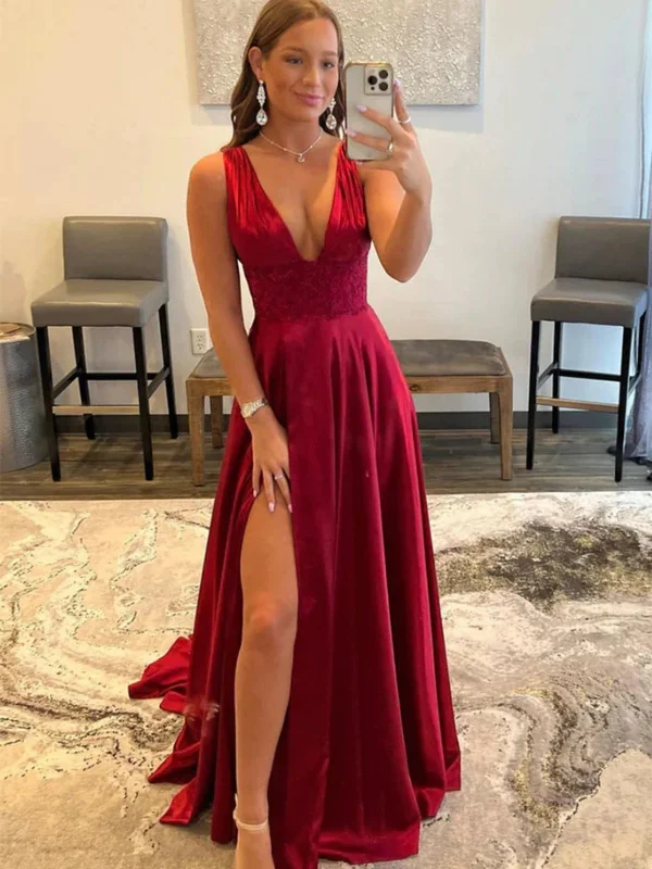 Daily Deals Open Back V Neck Burgundy Long Prom Dresses with High Slit, V Neck Burgundy Formal Graduation Evening Dresses SP2489