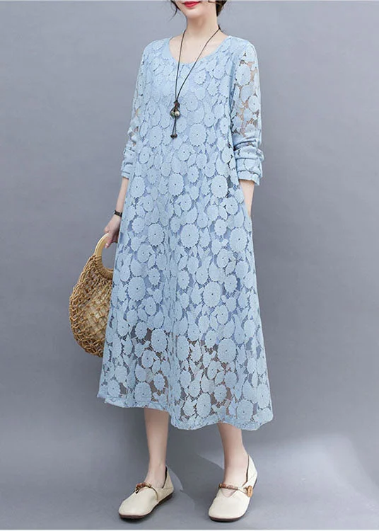 New Deals Handmade Sky Blue Oversized Lace Holiday Dress Summer