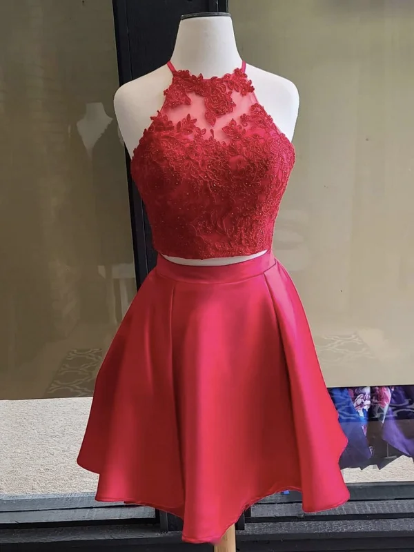 boho-chic dressboho-chic dressTwo Pieces Red Lace Short Prom Dresses, 2 Pieces Red Homecoming Dresses, Red Lace Formal Graduation Evening Dresses SP2100