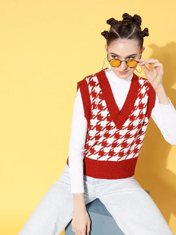 Stock Clearance Women Red Houndstooth V-Neck Sleeveless Sweater