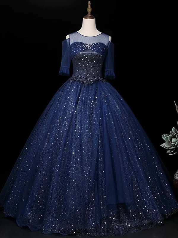Reduced Prices Half Sleeves Round Neck Navy Blue Beaded Long Prom Dresses, Shiny Beaded Navy Blue Formal Evening Dresses, Navy Blue Ball Gown SP2187