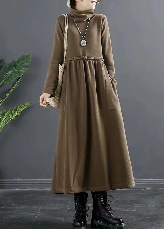 Lowest Price Coffee Pockets Patchwork Cotton Dresses Hign Neck Wrinkled Fall