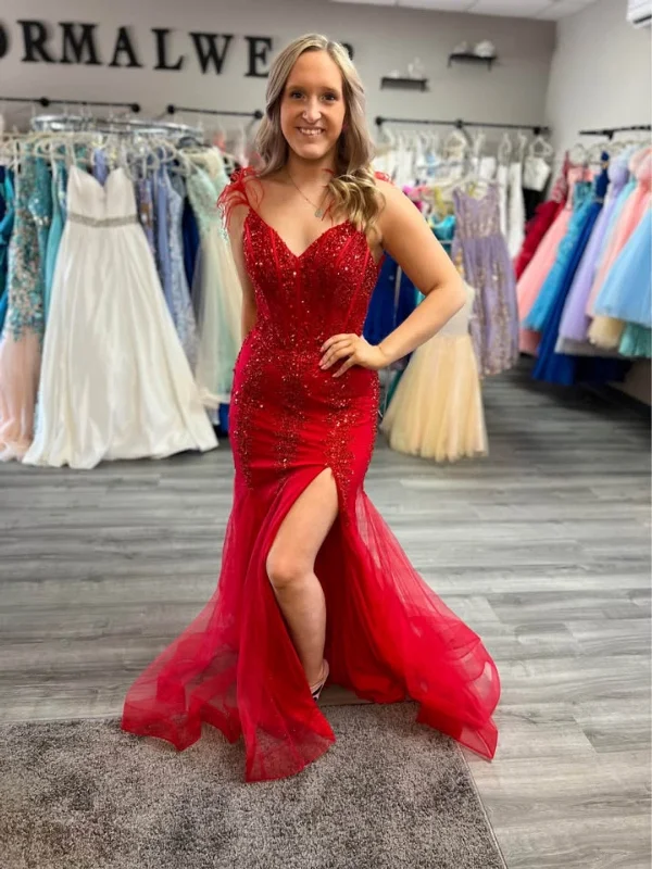 elegant dresselegant dressV Neck Open Back Mermaid Red Lace Long Prom Dresses with Leg Slit, Mermaid Red Formal Dresses, Red Lace Evening Dresses SP3077