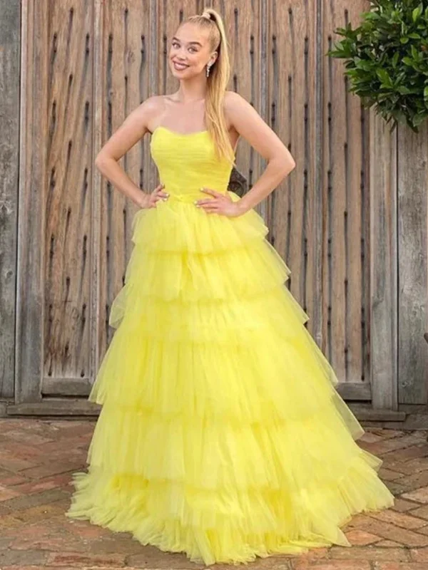 fitted dressfitted dressStrapless Yellow Tulle Layered Long Prom Dresses, Yellow Formal Evening Dresses, Ball Gown SP2649