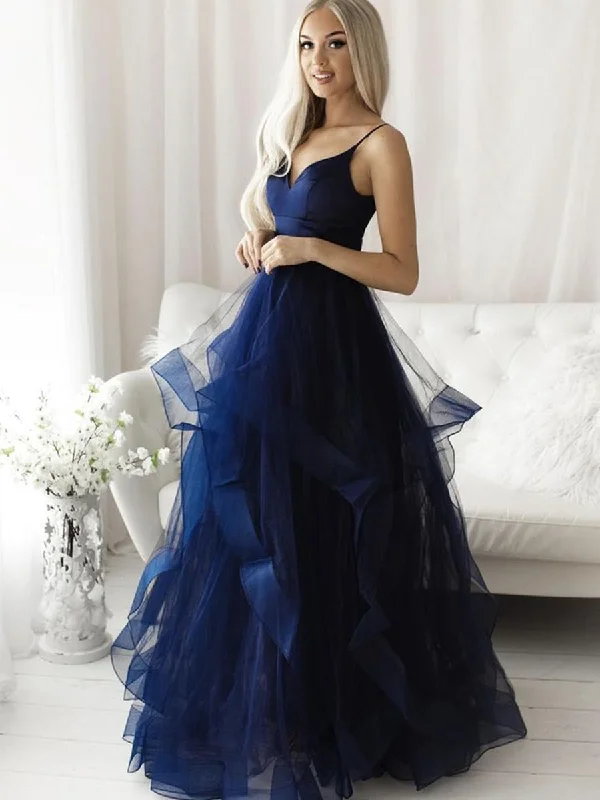Stock Up and Save Fluffy V Neck Blue Tulle Long Prom Dresses, Blue Formal Evening Dresses, Ball Gown