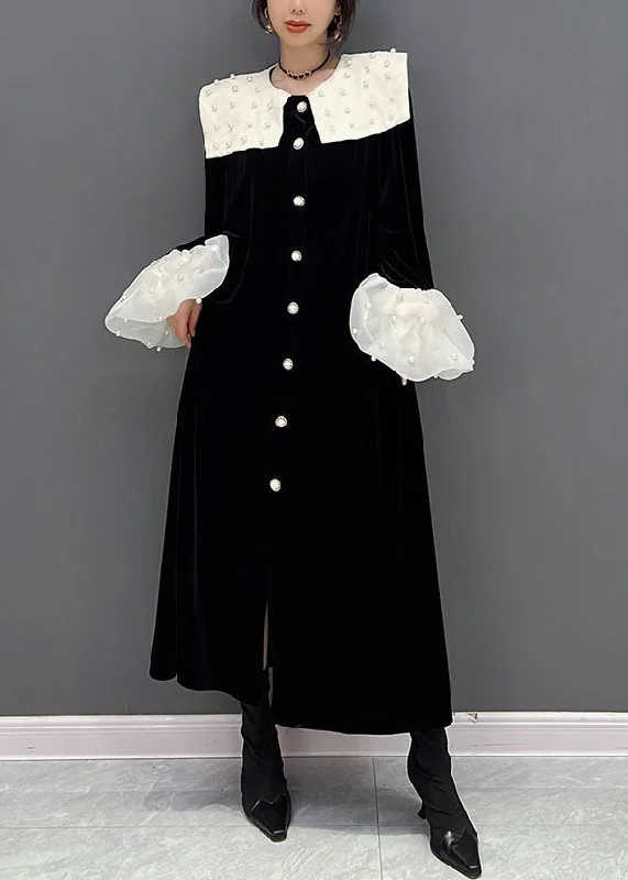 chic slip dresschic slip dressElegant Black Peter Pan Collar Patchwork Nail Bead Silk Velour Dresses Spring