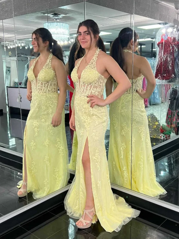 sleek dresssleek dressHalter V Neck Open Back Mermaid Yellow Lace Long Prom Dresses with High Slit, Mermaid Yellow Formal Dresses, Yellow Lace Evening Dresses SP2852