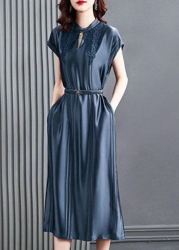 Great Deals Women Blue Stand Collar Cinched Silk Long Dresses Summer