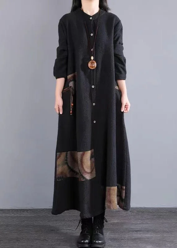 Quick Sale Retro Black Stand Collar Button Patchwork Cotton Long Dresses Fall