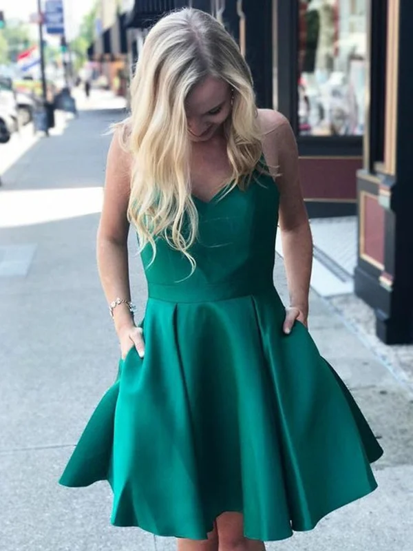 knit dressknit dressV Neck Green Satin Short Prom Dresses, Short Green Homecoming Graduation Dresses, Open Back Green Formal Evening Dresses