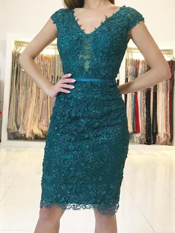 Mega Sale Emerald Green Cap Sleeves Lace Beaded Homecoming Dresses Short Prom Dresses, Green Lace Formal Dresses, Evening Dresses
