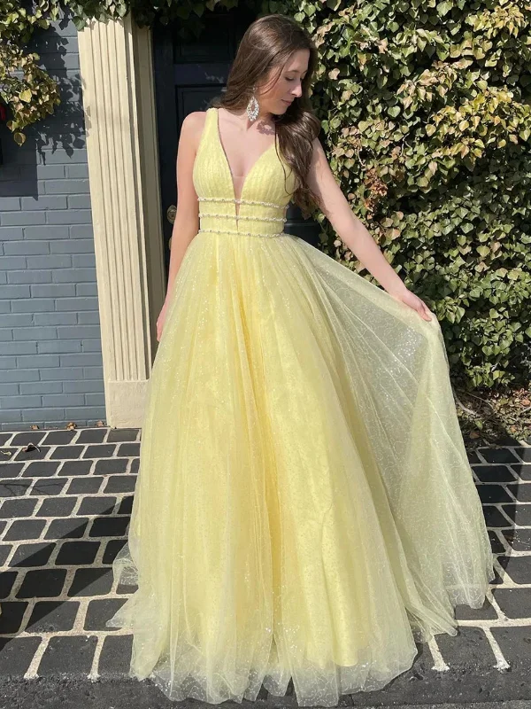 printed dressprinted dressA Line V Neck Open Back Yellow Tulle Long Prom Dresses, Yellow Tulle Formal Evening Dresses with Belt2 SP2666