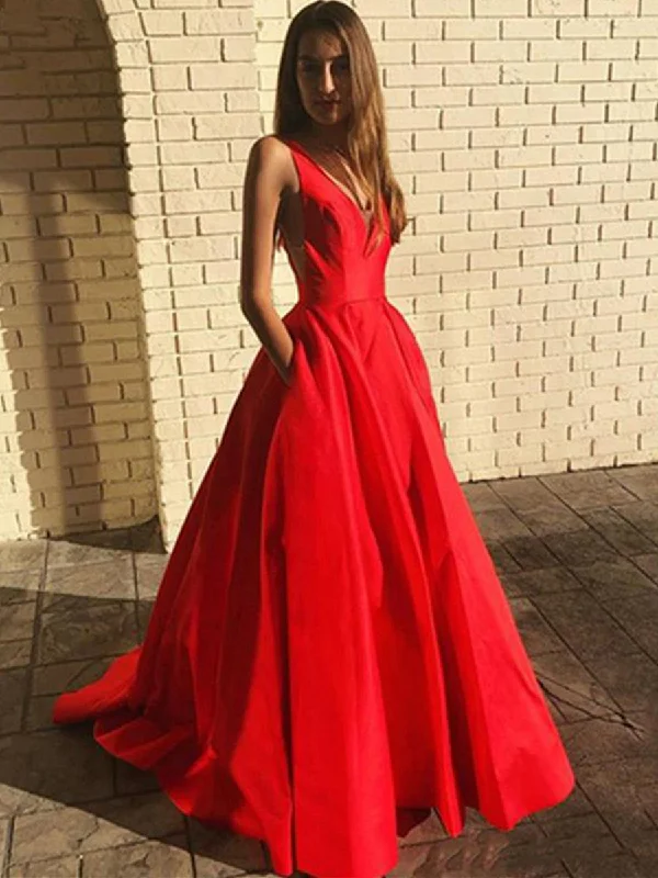 Deal Dash A Line V Neck Open Back Red Long Prom Dresses with Pocket, Backless Red Formal Graduation Evening Dresses Deal Dash A Line V Neck Open Back Red Long Prom Dresses with Pocket, Backless Red Formal Graduation Evening Dresses