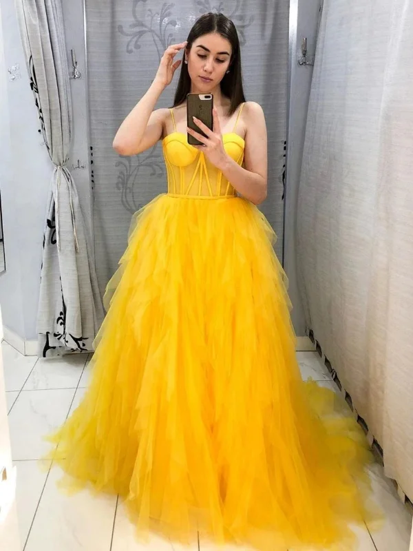 spaghetti strap dressspaghetti strap dressSweetheart Neck Fluffy Yellow Tulle Long Prom Dresses, Yellow Formal Evening Dresses, Ball Gown SP2663