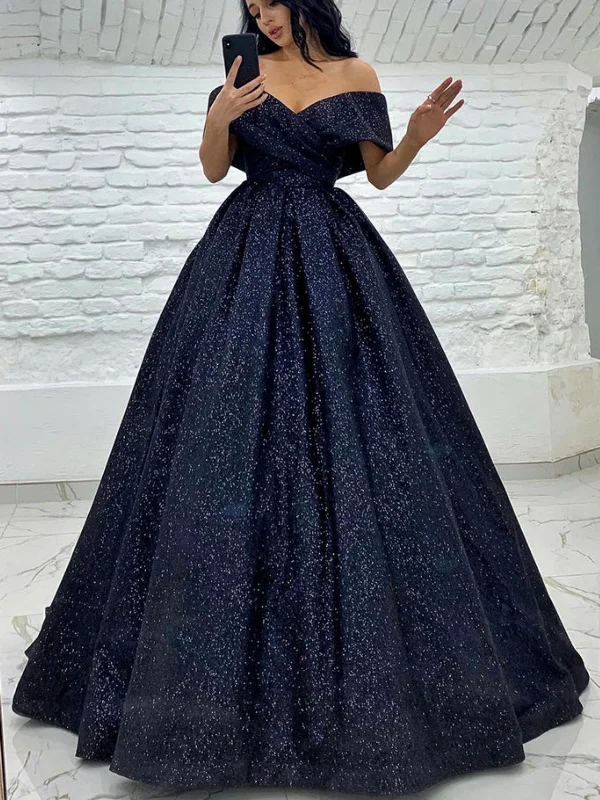 Grand Opening Sale Shiny Off Shoulder Navy Blue Long Prom Dresses, Long Navy Blue Formal Graduation Evening Dresses, Ball Gown SP2511