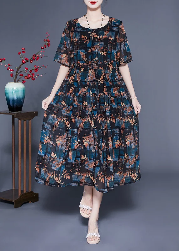 trendy dresstrendy dressItalian Black O-Neck Oversized Print Silk Vaction Dress Summer