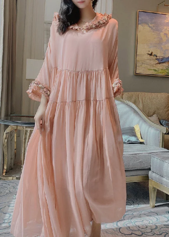 textured dresstextured dressSimple Pink Floral Wrinkled Hoold Silk Maxi Dresses Flare Sleeve