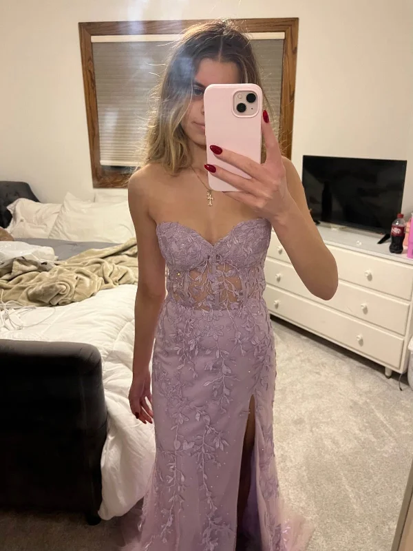 luxury dressluxury dressMermaid Strapless Lilac Lace Long Prom Dresses with High Slit, Mermaid Lilac Formal Dresses, Purple Lace Evening Dresses SP3091