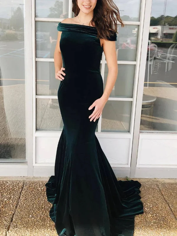 chic shift dresschic shift dressOff Shoulder Mermaid Dark Green Velvet Long Prom Dresses, Mermaid Dark Green Formal Graduation Evening Dresses SP2811