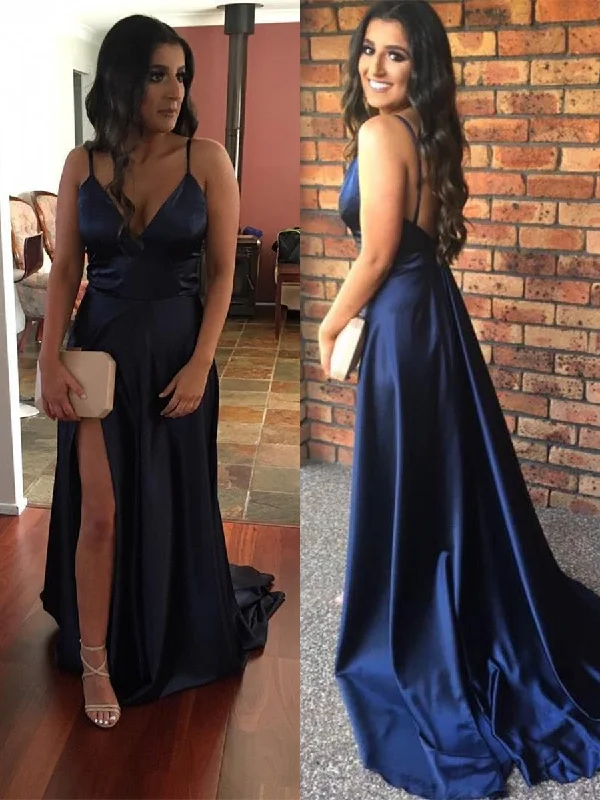 Mega Sale V Neck Spaghetti Straps Backless Satin Navy Blue Prom Dresses with Slit, Navy Blue Formal Dresses, Evening Dresses Mega Sale V Neck Spaghetti Straps Backless Satin Navy Blue Prom Dresses with Slit, Navy Blue Formal Dresses, Evening Dresses