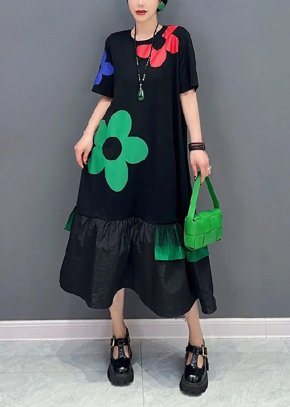 boho dressboho dressArt Black Floral Patchwork Ruffles Cotton Long Dresses Summer