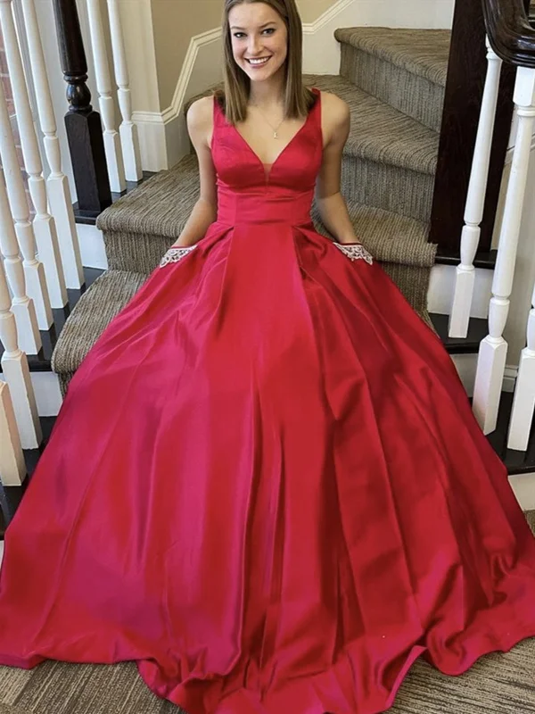 Great Deals A Line V Neck Red Satin Long Prom Dresses with Pocket, V Neck Red Formal Dresses, Red Evening Dresses