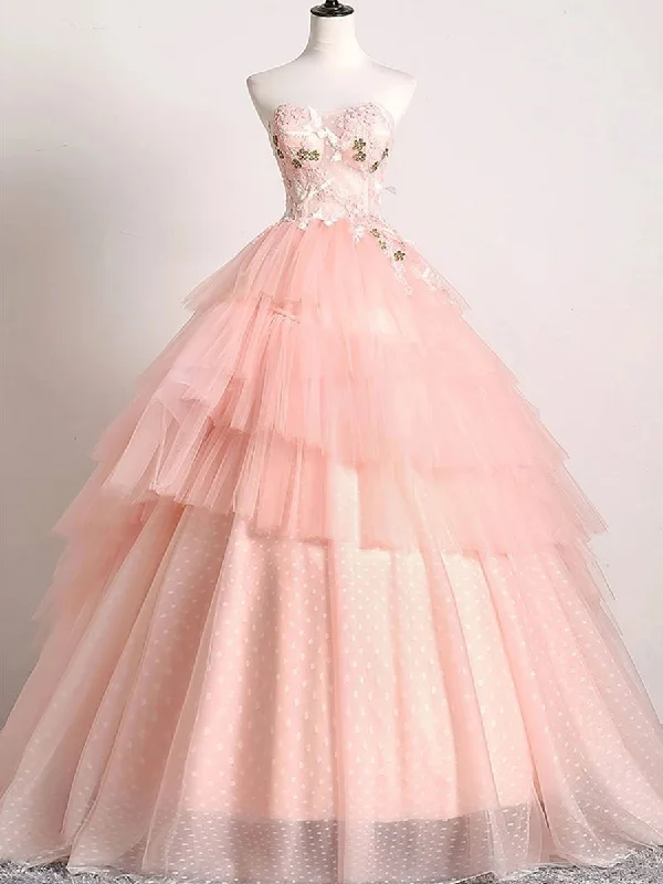Stock Up and Save Sweetheart Neck Backless Pink Lace Appliques Prom Dresses, Lace Pink Formal Dresses, Pink Evening Dresses, Ball Gown