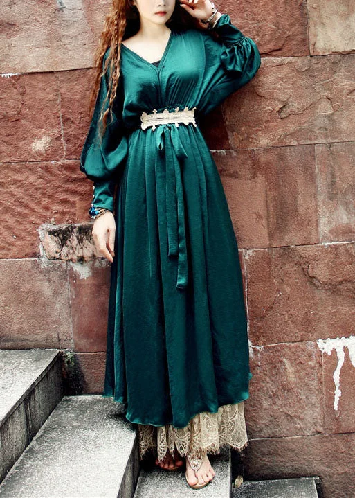 draped dressdraped dressFrench Blackish Green V Neck Lace Patchwork Silk Maxi Dresses Batwing Sleeve