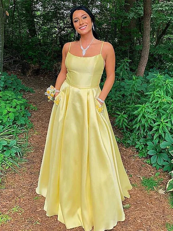 Super Savings Simple Open Back Yellow Satin Long Prom Dresses with Pocket, Thin Straps Yellow Formal Graduation Evening Dresses SP2189