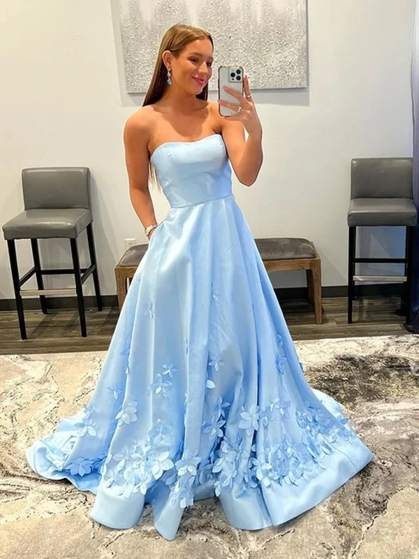 Low Prices Strapless Light Blue Satin Long Prom Dresses with 3D Flowers, Long Light Blue Floral Formal Graduation Evening Dresses SP2365