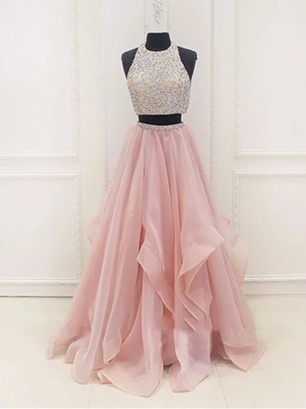 Super Sale Round Neck Two Pieces Pink Prom Dresses, Two Pieces Pink Formal Dresses, Evening Dresses Super Sale Round Neck Two Pieces Pink Prom Dresses, Two Pieces Pink Formal Dresses, Evening Dresses