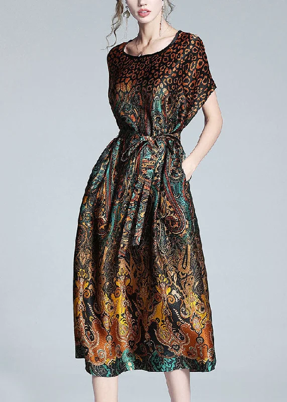 statement dressstatement dressUnique Leopard O Neck Tie Waist Patchwork Silk Dress Summer