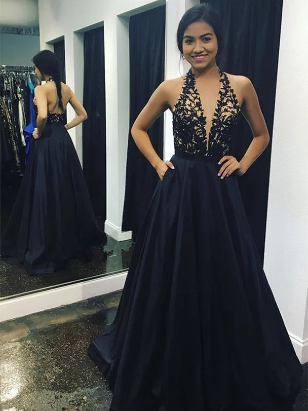 New Markdowns A Line V neck Backless Lace Black Prom Dresses with Pockets, Black Formal Dresses, Evening Dresses