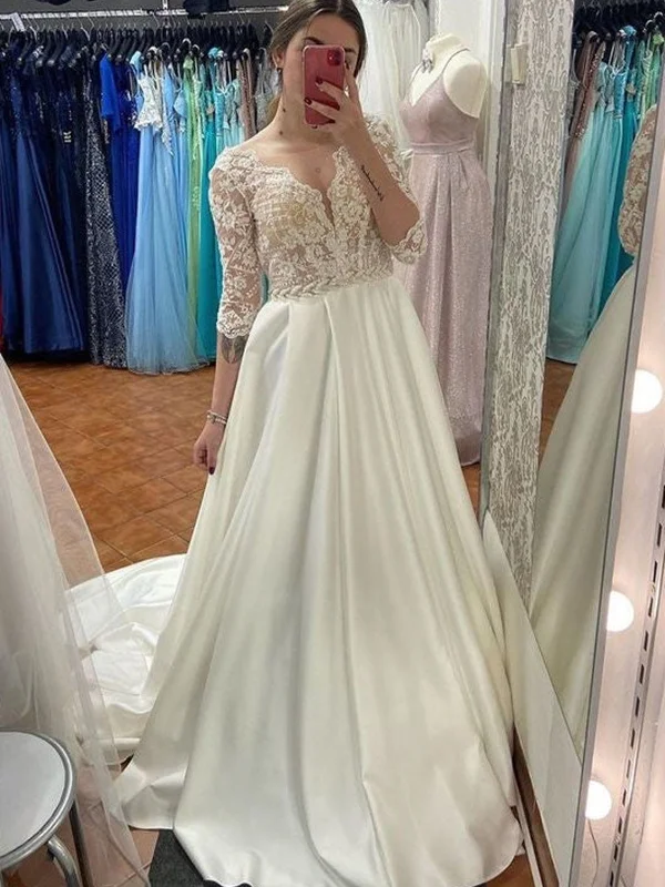 Price Reduction Half Sleeves V Neck Ivory Lace Top Long Prom Dresses, White Lace Formal Evening Dresses, Half Sleeve Ivory Wedding Dresses SP2195
