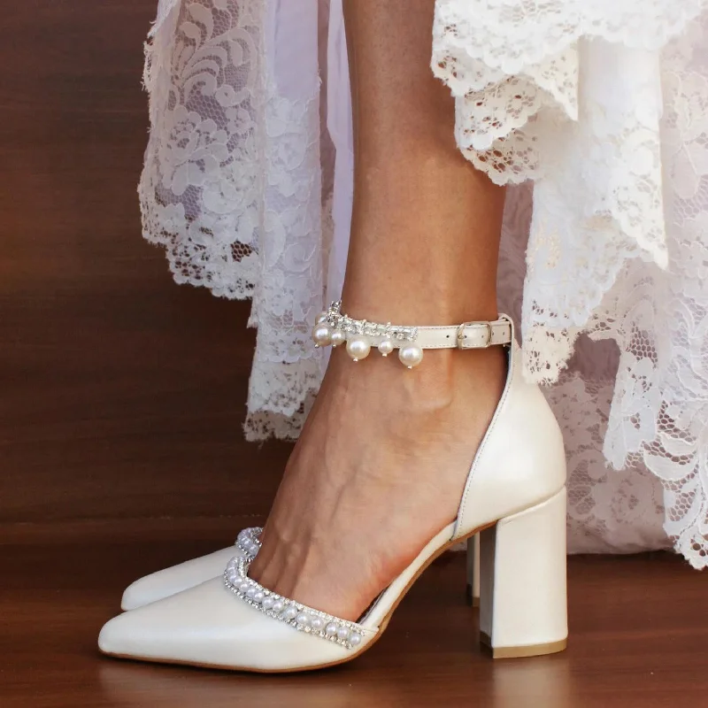 vintage-inspired dressvintage-inspired dressWhite  Pearl  Ankle Strap Pointy  Block Heels  709119829327