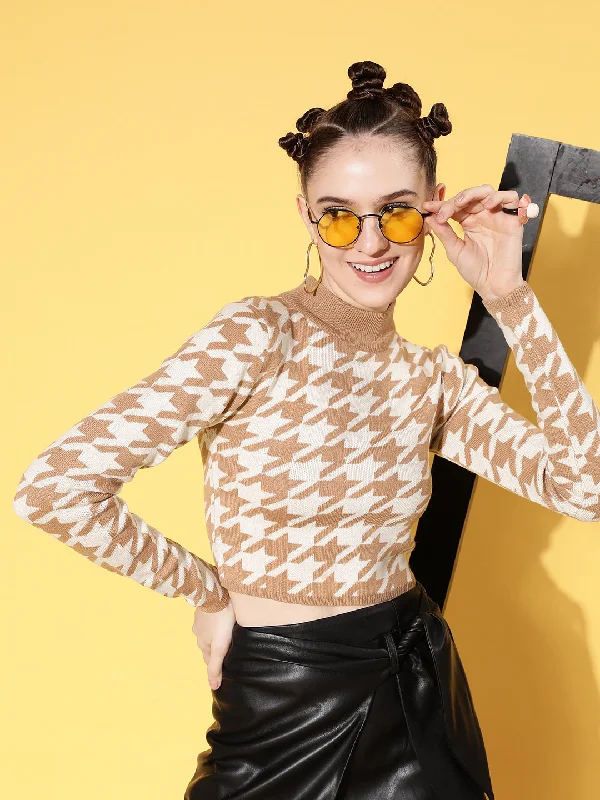 Fantastic Offers Women Brown And White Houndstooth Crop Sweater