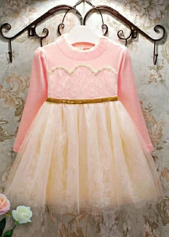 Bonus Savings Boutique Pink O-Neck Ruffled Patchwork Tulle Kids Maxi Dresses Fall