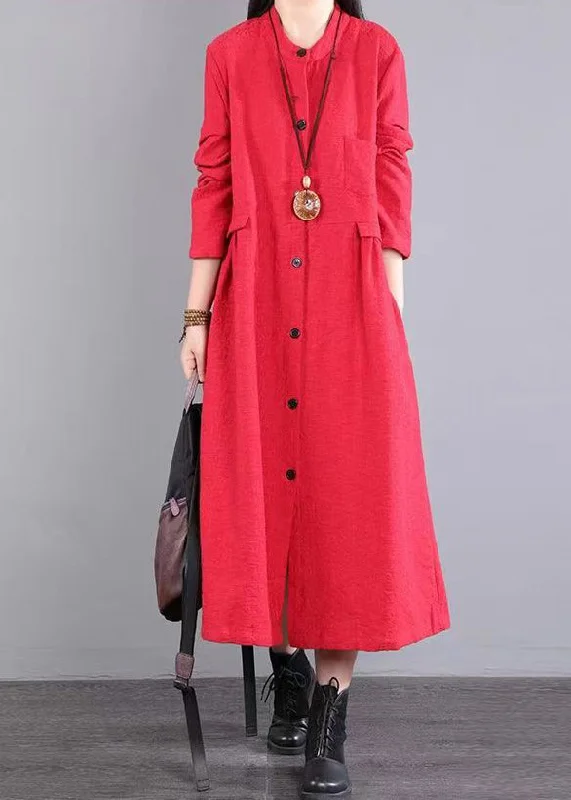 Best Deals Women Red Stand Collar Pockets Patchwork Cotton Long Dresses Fall