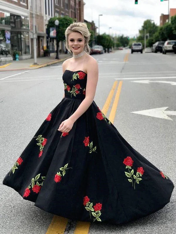 Price Cut A Line Sweetheart Neck Satin Black Long Prom Dresses with Embroidery Flowers, Black Formal Dresses