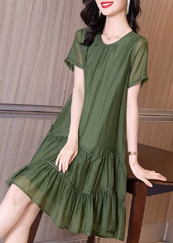 layered dresslayered dressBoutique Blackish Green O-Neck Ruffles Cinched Vacation Dresses Short Sleeve