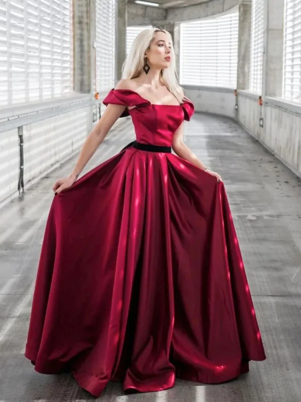 Special Offer Off Shoulder Burgundy Satin Long Prom Dresses, Off the Shoulder Formal Dresses, Burgundy Evening Dresses SP2546