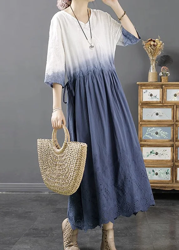 Last Chance Lighy Blue V Neck Hollow Out Long A Line Dress Fall