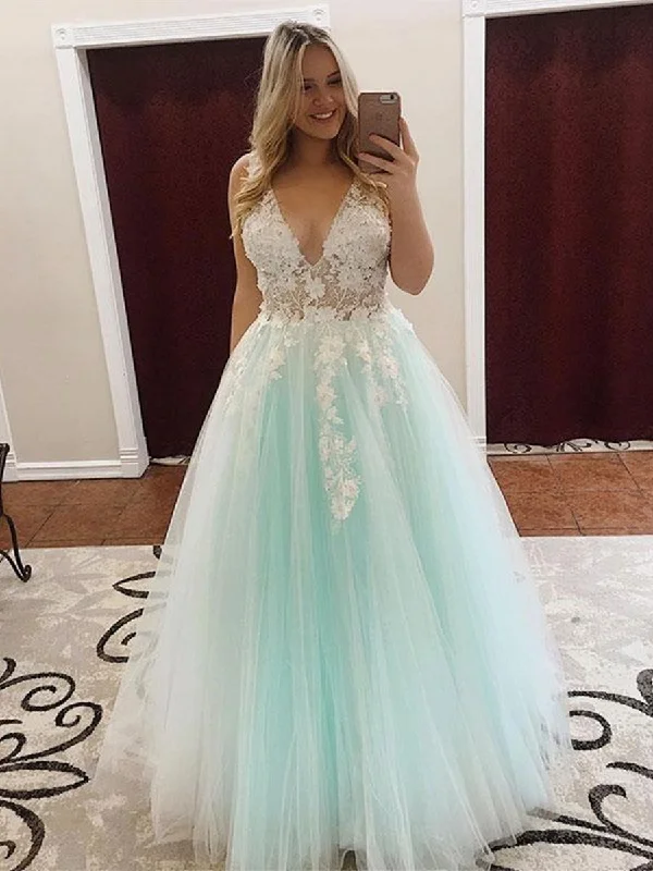 Super Bargain A Line V Neck Long White Lace Appliques Light Green Prom Dresses, V Neck Lace Light Green Formal Dresses, Lace Green Evening Dresses Super Bargain A Line V Neck Long White Lace Appliques Light Green Prom Dresses, V Neck Lace Light Green Formal Dresses, Lace Green Evening Dresses