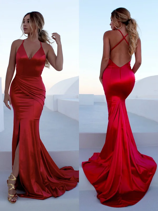 The Best Prices Red Mermaid Backless Satin Long Prom Dresses with Leg Slit Train, Red Mermaid Formal Dresses, Red Evening Dresses The Best Prices Red Mermaid Backless Satin Long Prom Dresses with Leg Slit Train, Red Mermaid Formal Dresses, Red Evening Dresses