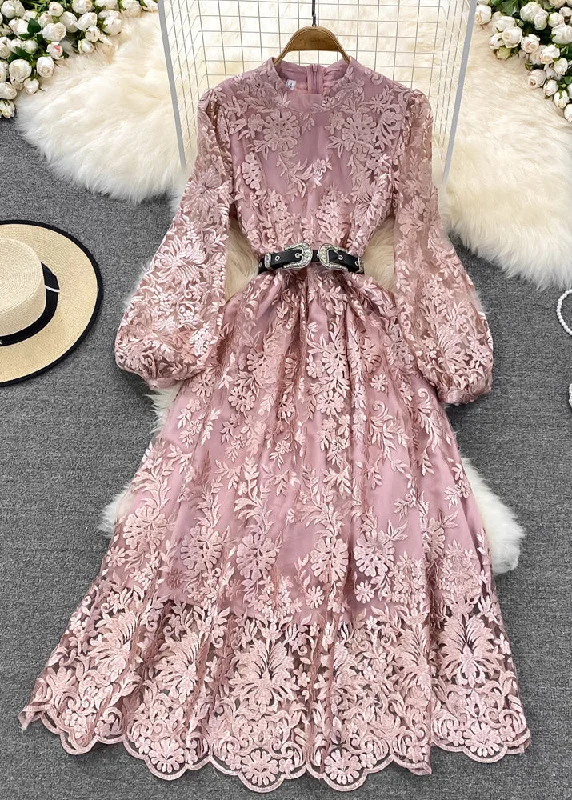 sophisticated dresssophisticated dressWomen Pink O-Neck Embroideried Floral Tunic Sashes Tulle Maxi Dress Lantern Sleeve