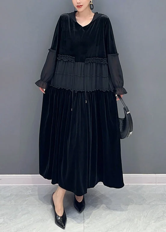 long sleeve dresslong sleeve dressBlack Wrinkled Patchwork Velour Long Dress Hooded Long Sleeve