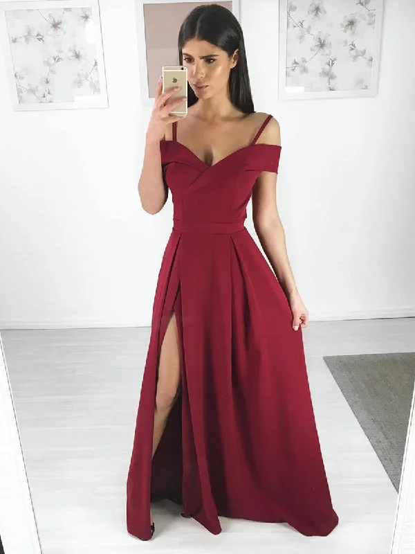 Discount Mania A Line Spaghetti Straps Off Shoulder Burgundy Long Prom Dresses with Side Slit, Burgundy Long Evening Dresses, Formal Dresses, Graduation Dresses Discount Mania A Line Spaghetti Straps Off Shoulder Burgundy Long Prom Dresses with Side Slit, Burgundy Long Evening Dresses, Formal Dresses, Graduation Dresses